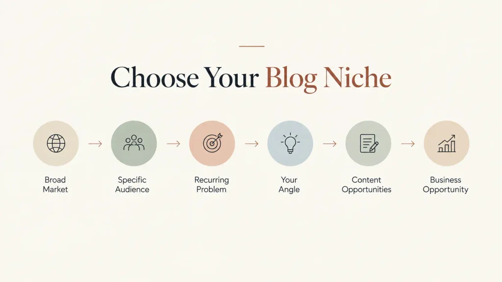 Blog niche framework connecting audience, problems, content, and business