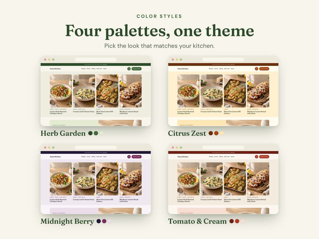 The four Anise color styles: Herb Garden, Tomato and Cream, Midnight Berry and Citrus Zest
