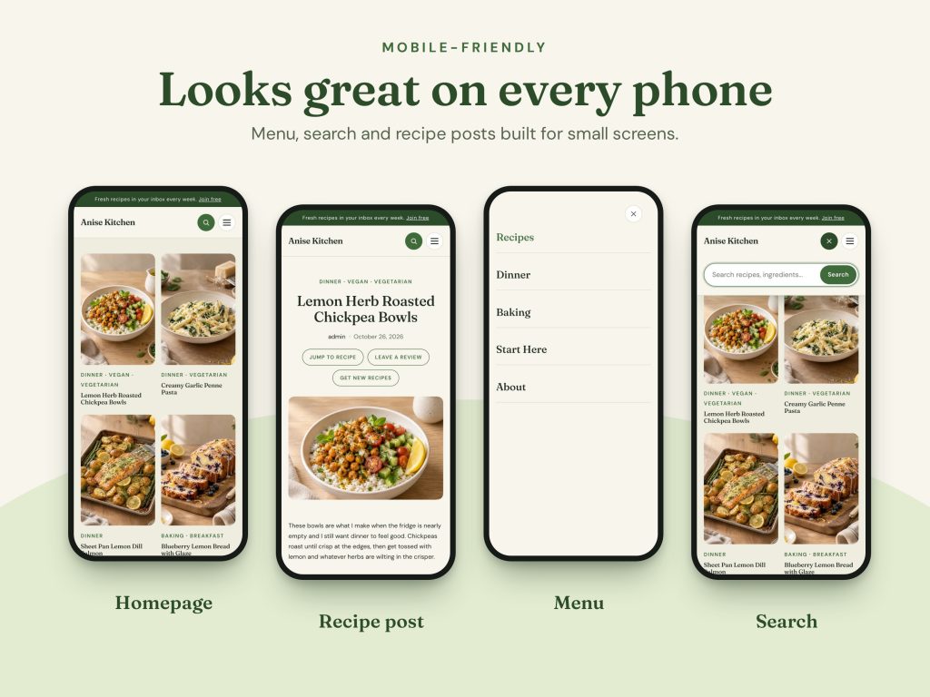 Anise recipe blog theme on a phone: homepage, recipe post and search